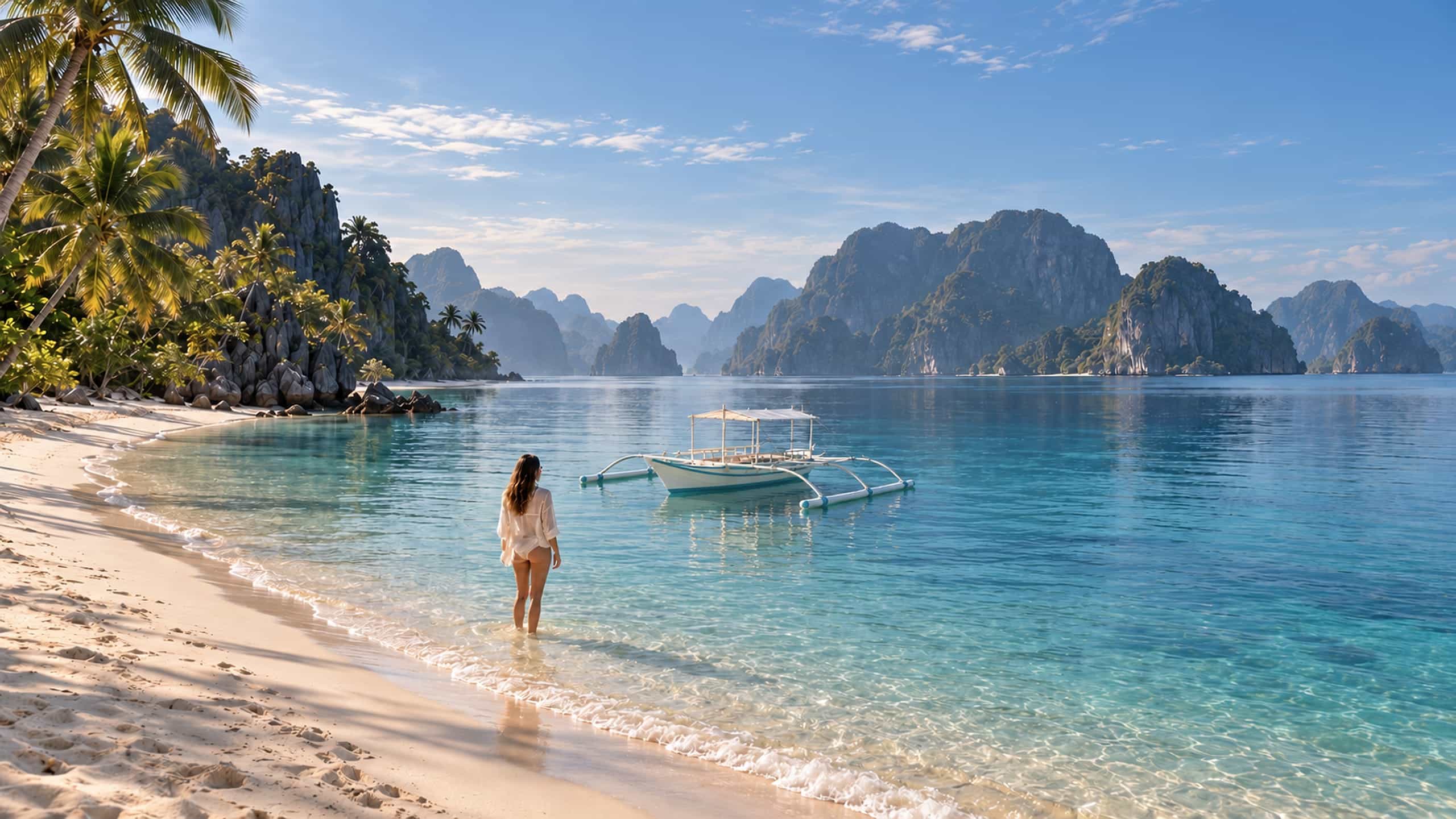 Calm, clear water on a palm-fringed beach in the dry season, with a private bangka anchored offshore and limestone islands beyond, El Nido