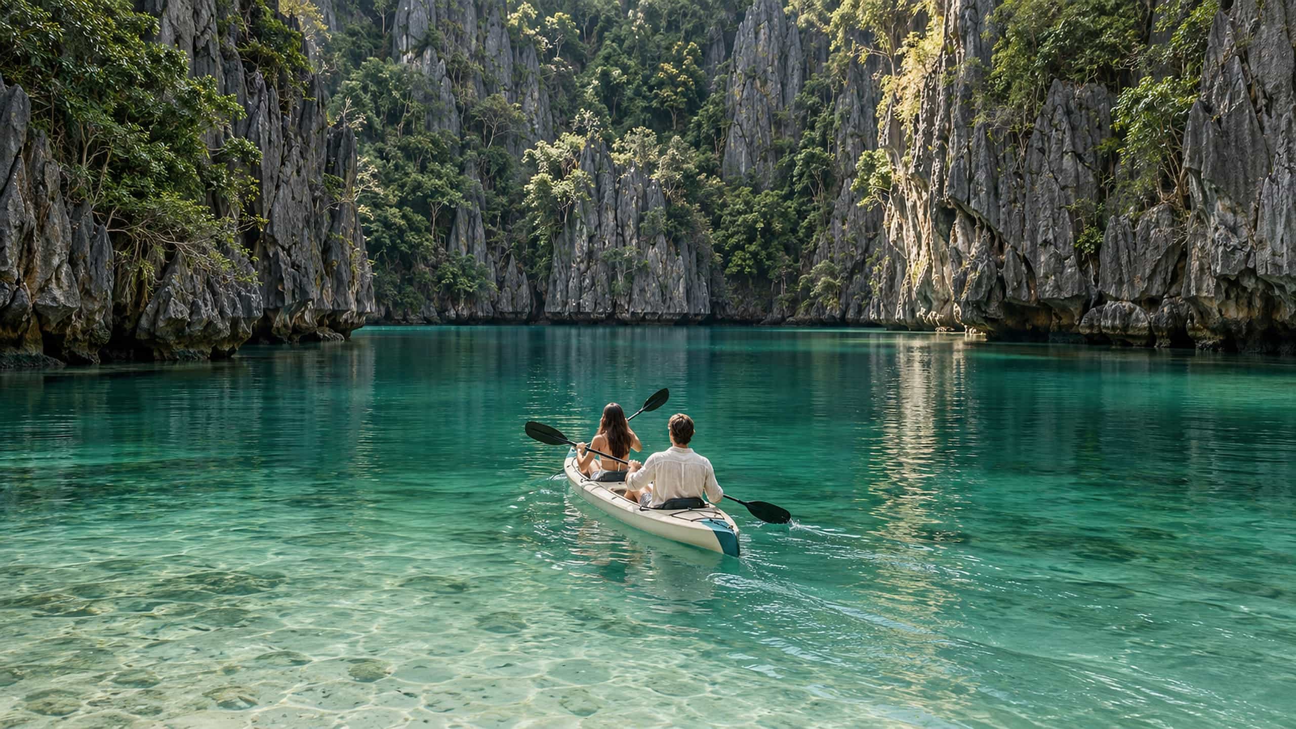 Two people paddling a kayak across clear emerald water inside a lagoon enclosed by limestone cliffs, El Nido