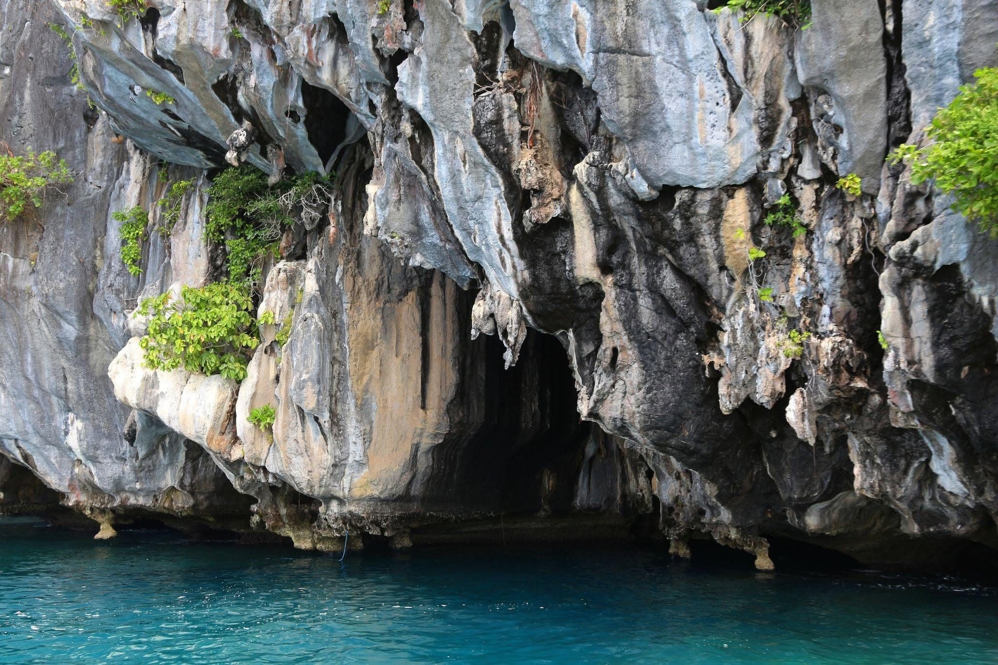 Weathered limestone cliff with a dark cave mouth just above turquoise water, on the Tour B cave route in El Nido