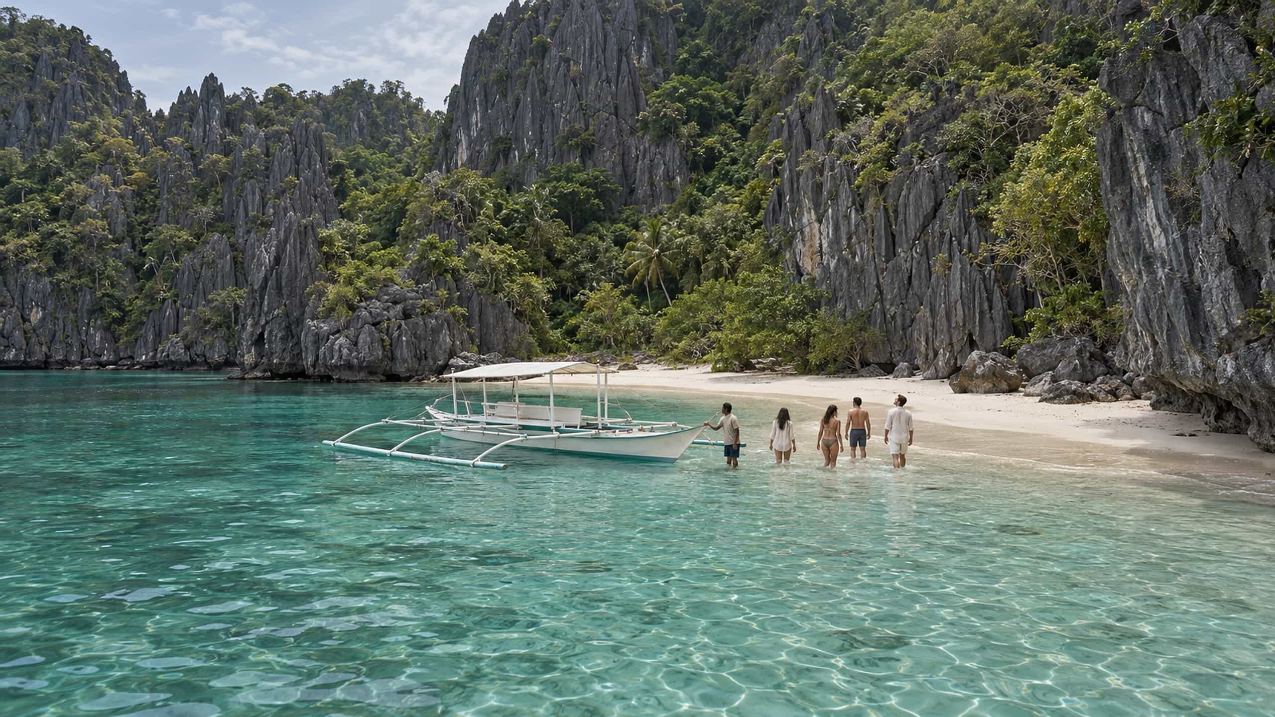 A small group wading ashore from a private bangka onto a quiet white-sand beach below limestone cliffs in El Nido