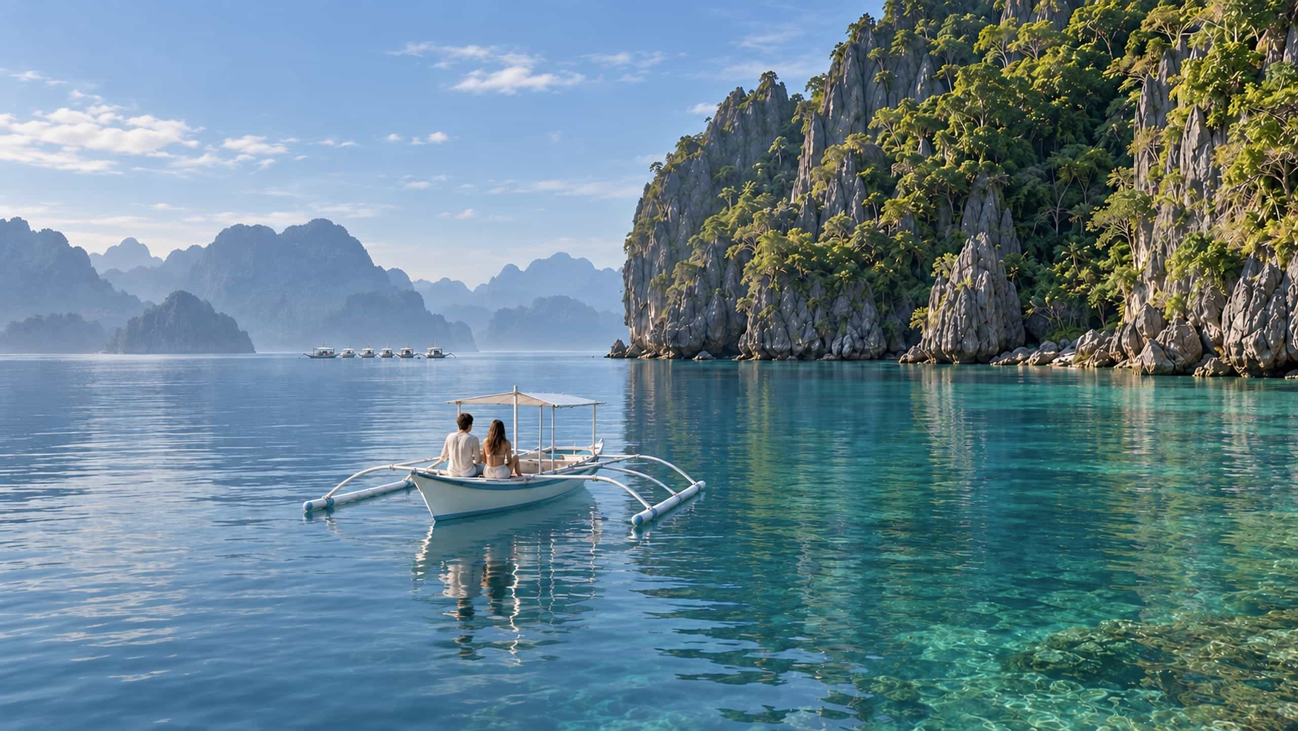 A couple alone on a private bangka in a glassy cove below limestone cliffs, with shared tour boats far in the distance, El Nido