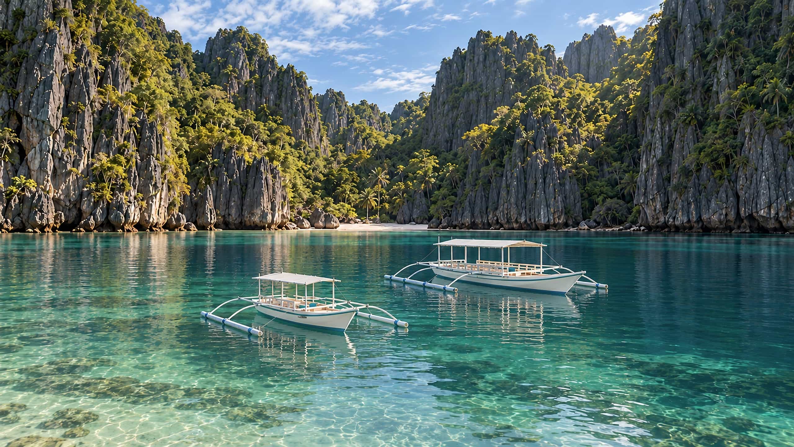 A small and a larger private bangka anchored in a clear, sheltered cove below limestone cliffs in El Nido