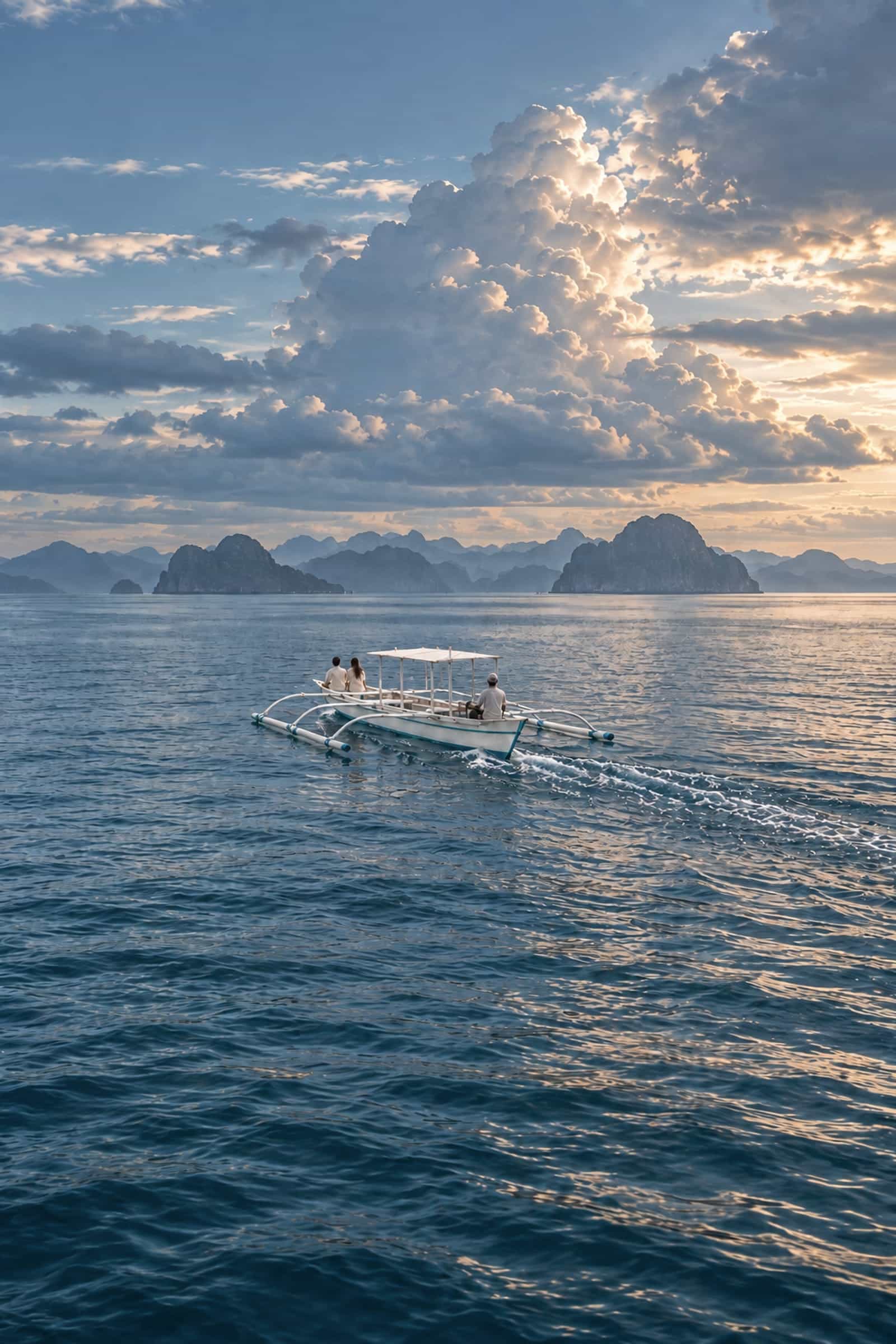 Private bangka crossing open water toward remote limestone islands under a large evening sky, for a boat expedition from El Nido to Coron.