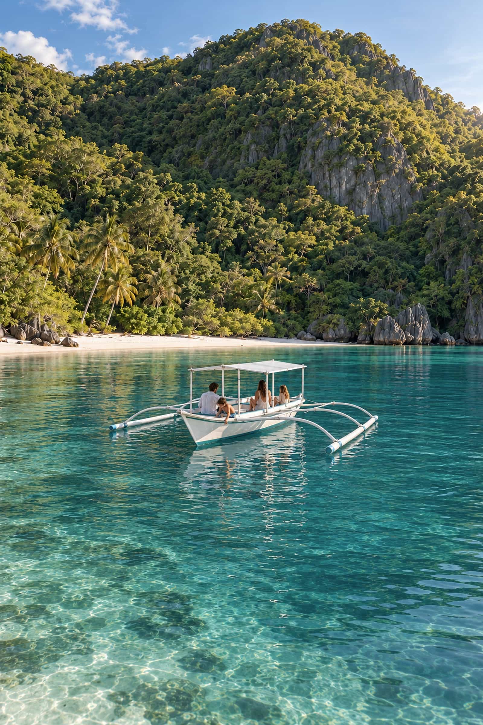 Family relaxing on a private bangka in a calm, sheltered bay below a green forested hill in El Nido